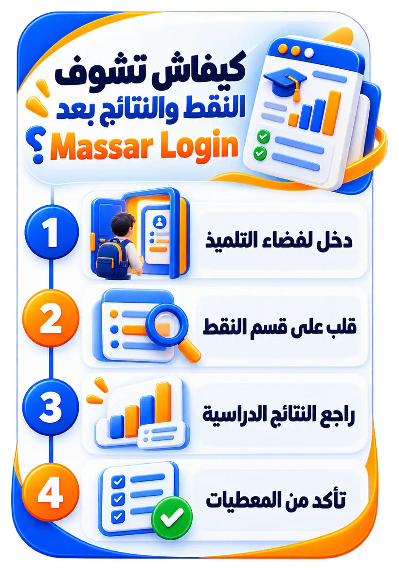 إنفوجرافيك يوضح كيفية الاطلاع على النقط والنتائج بعد Massar Login