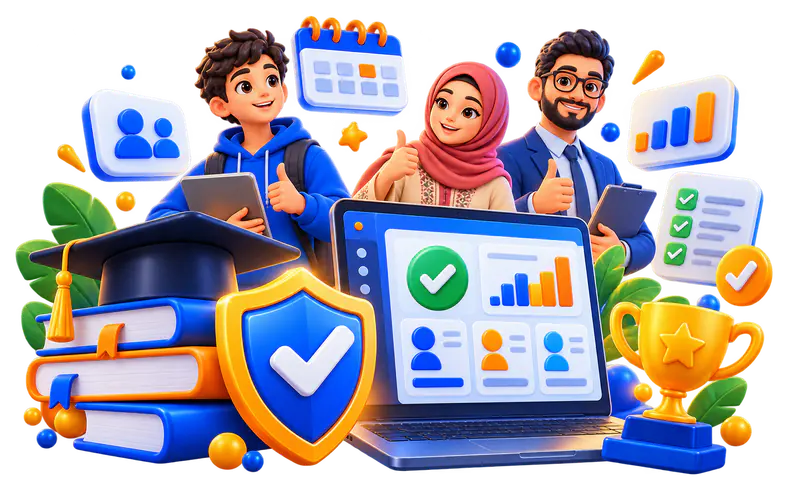 قبعة تخرج ودرع أمان يرمزان إلى الاستعمال الآمن لخدمات Massar Service