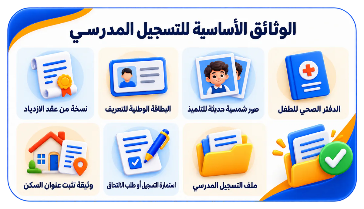 إنفوجرافيك يلخص الوثائق الأساسية لملف التسجيل المدرسي