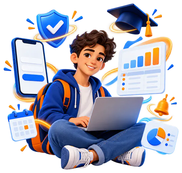 تلميذ يستعمل حاسوباً وهاتفاً لتسجيل الدخول إلى Massar Service والاطلاع على النقط