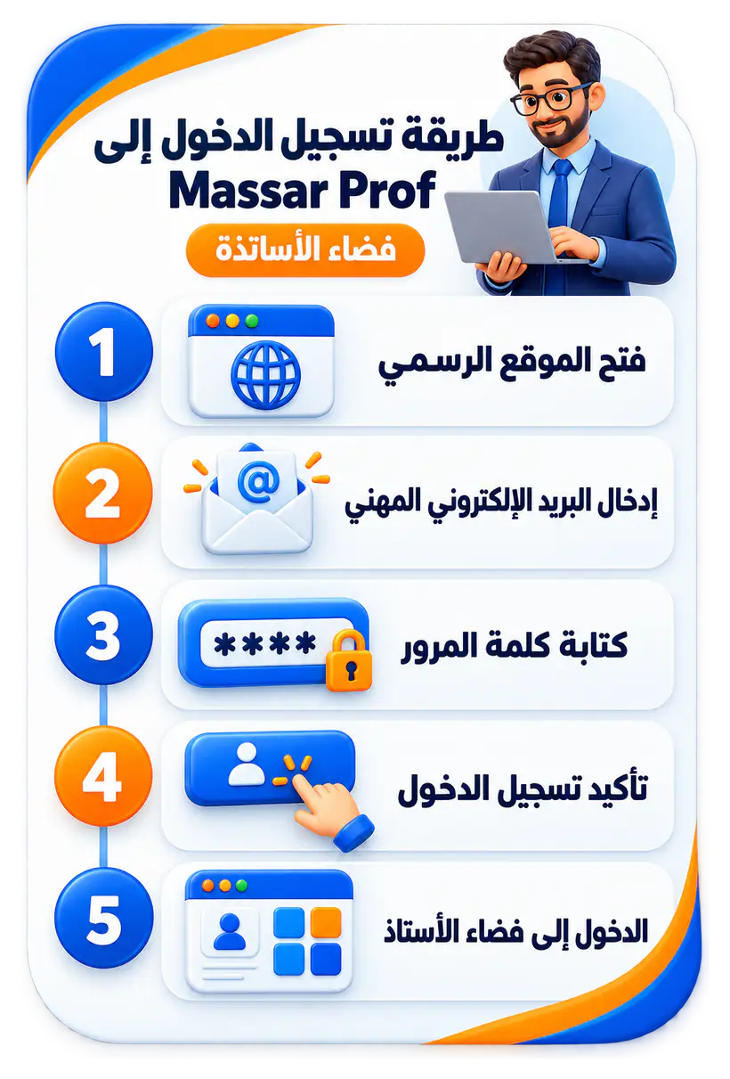 إنفوجرافيك يلخص خطوات تسجيل الدخول إلى Massar Prof للأساتذة