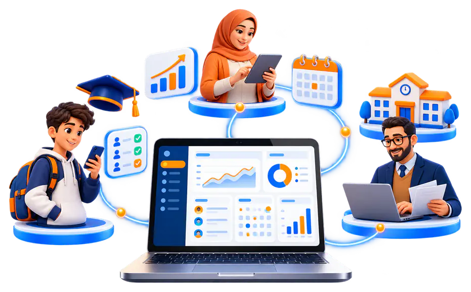 رسم يوضح فضاءات مسار للتلميذ والولي والأستاذ حول منصة Massar Service